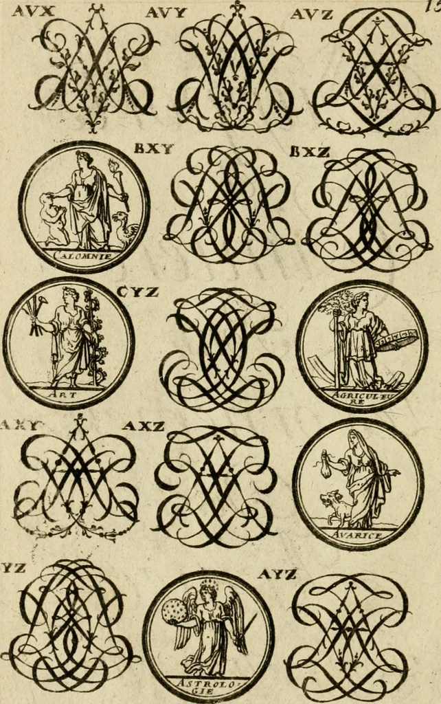An illustration from Recueil d'emblêmes, devises, medailles, et figures hieroglyphiques : au nombre de plus de douze cent, avec leurs explications, accompagné de plus de deux mille chiffres fleuronnez simples, doubles & triples, d'une maniere nouvelle & fort curieuse pour tous les noms imaginable : avec les tenants, supports, & cimiers servans aux ornemens des armes ..., 1696, leaf 317