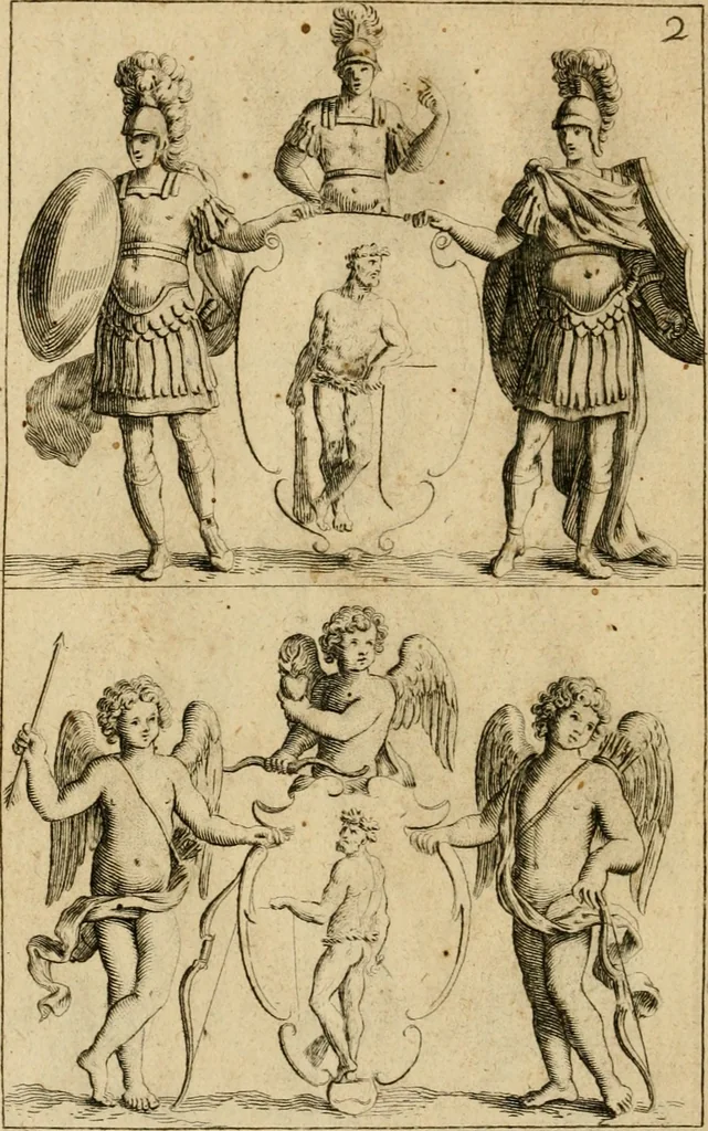 An illustration from Recueil d'emblêmes, devises, medailles, et figures hieroglyphiques : au nombre de plus de douze cent, avec leurs explications, accompagné de plus de deux mille chiffres fleuronnez simples, doubles & triples, d'une maniere nouvelle & fort curieuse pour tous les noms imaginable : avec les tenants, supports, & cimiers servans aux ornemens des armes ..., 1696, leaf 321