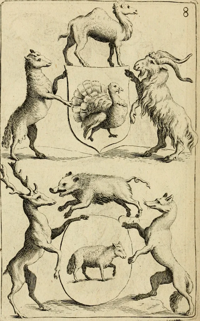 An illustration from Recueil d'emblêmes, devises, medailles, et figures hieroglyphiques : au nombre de plus de douze cent, avec leurs explications, accompagné de plus de deux mille chiffres fleuronnez simples, doubles & triples, d'une maniere nouvelle & fort curieuse pour tous les noms imaginable : avec les tenants, supports, & cimiers servans aux ornemens des armes ..., 1696, leaf 327