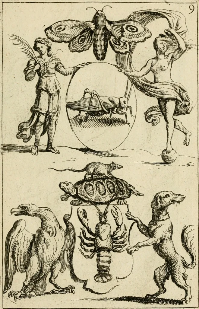 An illustration from Recueil d'emblêmes, devises, medailles, et figures hieroglyphiques : au nombre de plus de douze cent, avec leurs explications, accompagné de plus de deux mille chiffres fleuronnez simples, doubles & triples, d'une maniere nouvelle & fort curieuse pour tous les noms imaginable : avec les tenants, supports, & cimiers servans aux ornemens des armes ..., 1696, leaf 328