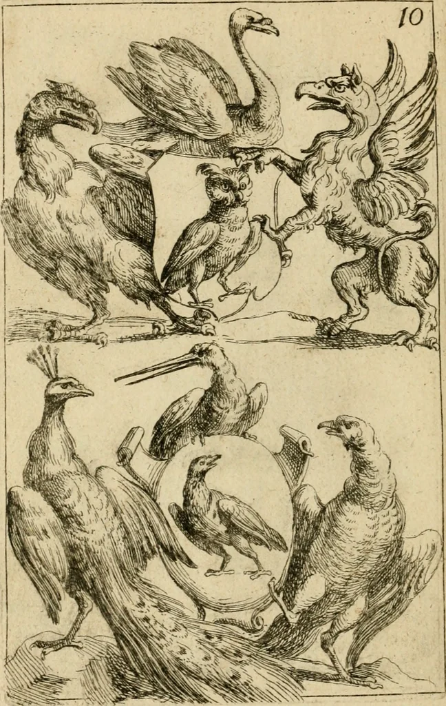 An illustration from Recueil d'emblêmes, devises, medailles, et figures hieroglyphiques : au nombre de plus de douze cent, avec leurs explications, accompagné de plus de deux mille chiffres fleuronnez simples, doubles & triples, d'une maniere nouvelle & fort curieuse pour tous les noms imaginable : avec les tenants, supports, & cimiers servans aux ornemens des armes ..., 1696, leaf 329