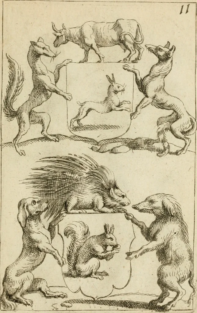 An illustration from Recueil d'emblêmes, devises, medailles, et figures hieroglyphiques : au nombre de plus de douze cent, avec leurs explications, accompagné de plus de deux mille chiffres fleuronnez simples, doubles & triples, d'une maniere nouvelle & fort curieuse pour tous les noms imaginable : avec les tenants, supports, & cimiers servans aux ornemens des armes ..., 1696, leaf 330