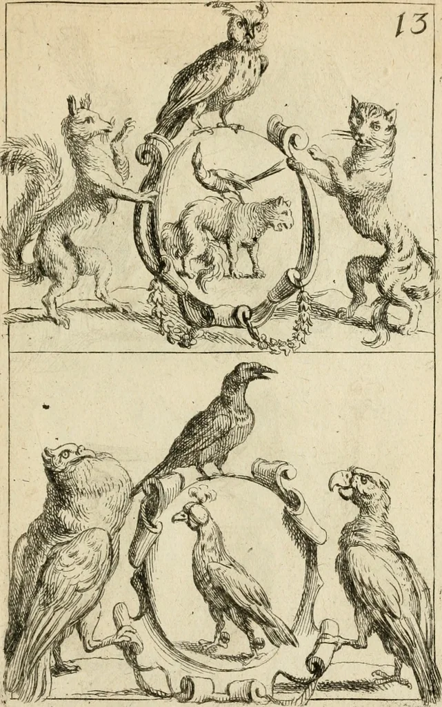 An illustration from Recueil d'emblêmes, devises, medailles, et figures hieroglyphiques : au nombre de plus de douze cent, avec leurs explications, accompagné de plus de deux mille chiffres fleuronnez simples, doubles & triples, d'une maniere nouvelle & fort curieuse pour tous les noms imaginable : avec les tenants, supports, & cimiers servans aux ornemens des armes ..., 1696, leaf 332