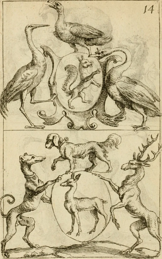 An illustration from Recueil d'emblêmes, devises, medailles, et figures hieroglyphiques : au nombre de plus de douze cent, avec leurs explications, accompagné de plus de deux mille chiffres fleuronnez simples, doubles & triples, d'une maniere nouvelle & fort curieuse pour tous les noms imaginable : avec les tenants, supports, & cimiers servans aux ornemens des armes ..., 1696, leaf 333