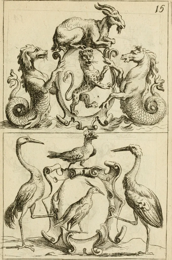 An illustration from Recueil d'emblêmes, devises, medailles, et figures hieroglyphiques : au nombre de plus de douze cent, avec leurs explications, accompagné de plus de deux mille chiffres fleuronnez simples, doubles & triples, d'une maniere nouvelle & fort curieuse pour tous les noms imaginable : avec les tenants, supports, & cimiers servans aux ornemens des armes ..., 1696, leaf 334
