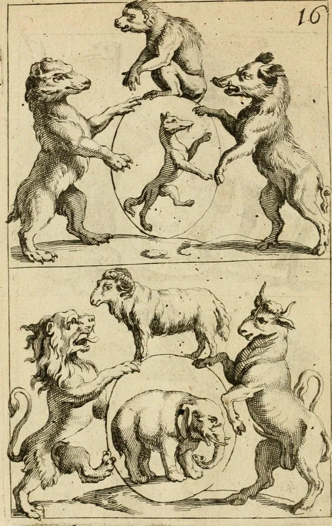 An illustration from Recueil d'emblêmes, devises, medailles, et figures hieroglyphiques : au nombre de plus de douze cent, avec leurs explications, accompagné de plus de deux mille chiffres fleuronnez simples, doubles & triples, d'une maniere nouvelle & fort curieuse pour tous les noms imaginable : avec les tenants, supports, & cimiers servans aux ornemens des armes ..., 1696, leaf 335