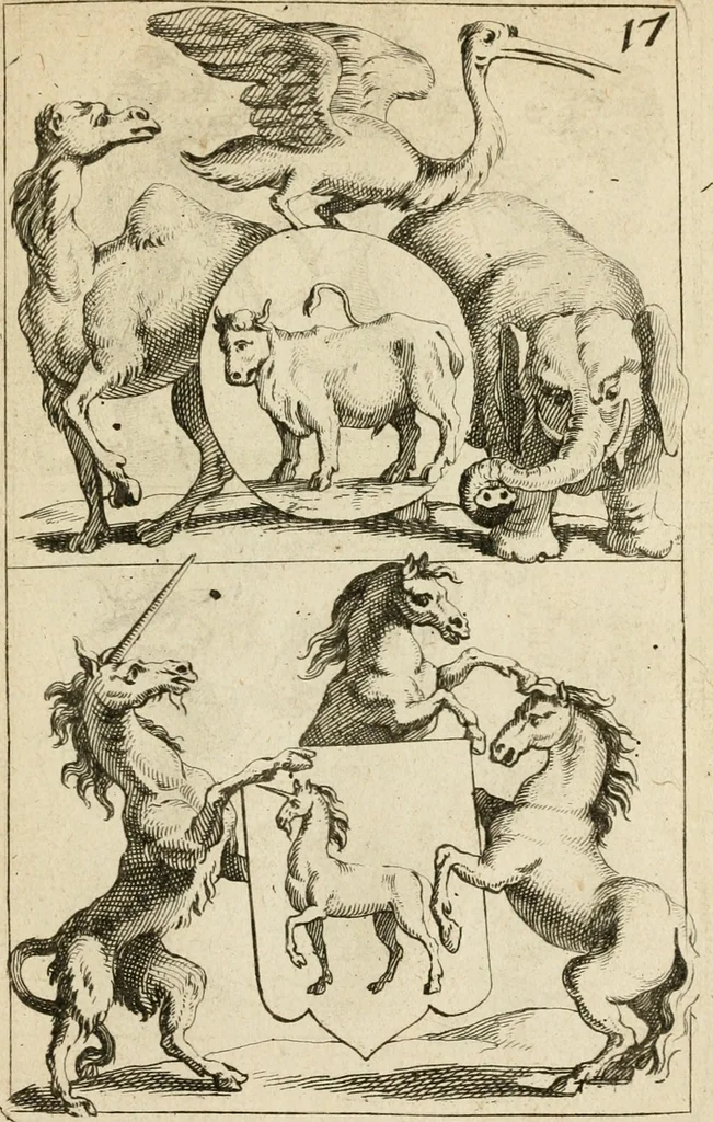An illustration from Recueil d'emblêmes, devises, medailles, et figures hieroglyphiques : au nombre de plus de douze cent, avec leurs explications, accompagné de plus de deux mille chiffres fleuronnez simples, doubles & triples, d'une maniere nouvelle & fort curieuse pour tous les noms imaginable : avec les tenants, supports, & cimiers servans aux ornemens des armes ..., 1696, leaf 336