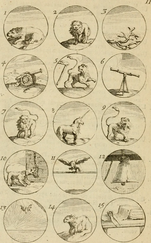 An illustration from Recueil d'emblêmes, devises, medailles, et figures hieroglyphiques : au nombre de plus de douze cent, avec leurs explications, accompagné de plus de deux mille chiffres fleuronnez simples, doubles & triples, d'une maniere nouvelle & fort curieuse pour tous les noms imaginable : avec les tenants, supports, & cimiers servans aux ornemens des armes ..., 1696, leaf 37