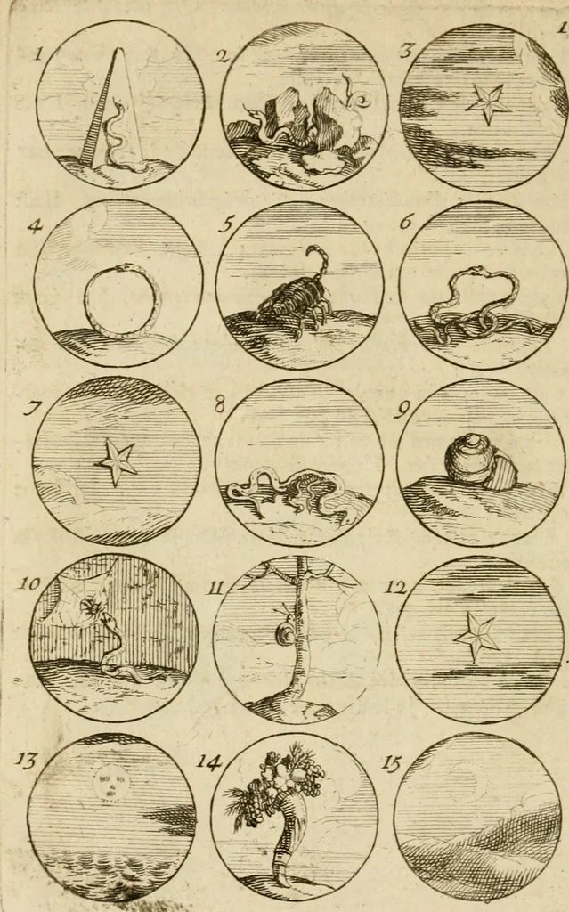 An illustration from Recueil d'emblêmes, devises, medailles, et figures hieroglyphiques : au nombre de plus de douze cent, avec leurs explications, accompagné de plus de deux mille chiffres fleuronnez simples, doubles & triples, d'une maniere nouvelle & fort curieuse pour tous les noms imaginable : avec les tenants, supports, & cimiers servans aux ornemens des armes ..., 1696, leaf 39