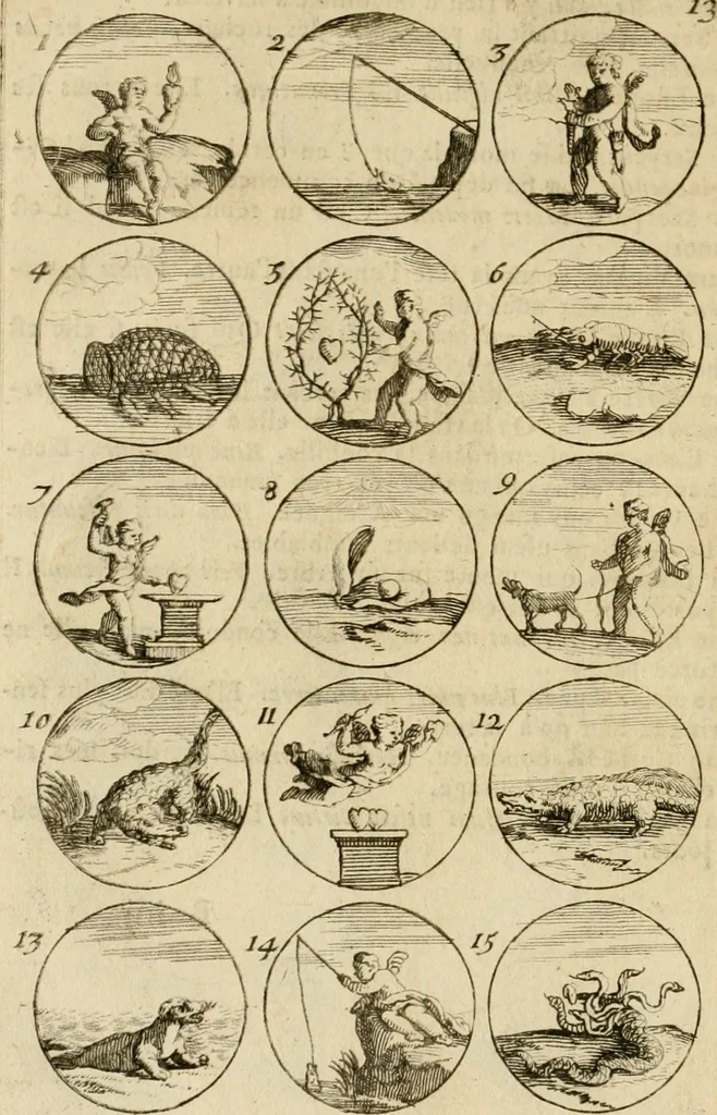 An illustration from Recueil d'emblêmes, devises, medailles, et figures hieroglyphiques : au nombre de plus de douze cent, avec leurs explications, accompagné de plus de deux mille chiffres fleuronnez simples, doubles & triples, d'une maniere nouvelle & fort curieuse pour tous les noms imaginable : avec les tenants, supports, & cimiers servans aux ornemens des armes ..., 1696, leaf 41