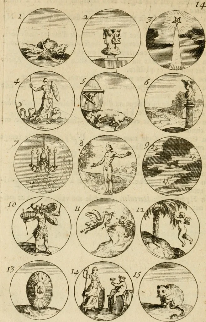 An illustration from Recueil d'emblêmes, devises, medailles, et figures hieroglyphiques : au nombre de plus de douze cent, avec leurs explications, accompagné de plus de deux mille chiffres fleuronnez simples, doubles & triples, d'une maniere nouvelle & fort curieuse pour tous les noms imaginable : avec les tenants, supports, & cimiers servans aux ornemens des armes ..., 1696, leaf 43