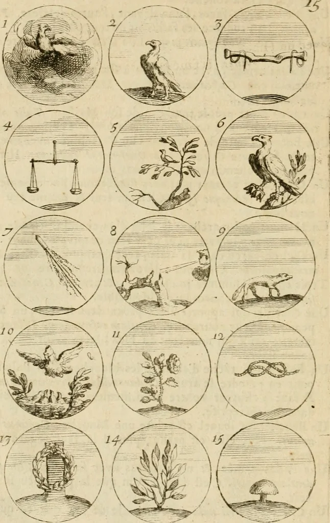 An illustration from Recueil d'emblêmes, devises, medailles, et figures hieroglyphiques : au nombre de plus de douze cent, avec leurs explications, accompagné de plus de deux mille chiffres fleuronnez simples, doubles & triples, d'une maniere nouvelle & fort curieuse pour tous les noms imaginable : avec les tenants, supports, & cimiers servans aux ornemens des armes ..., 1696, leaf 45
