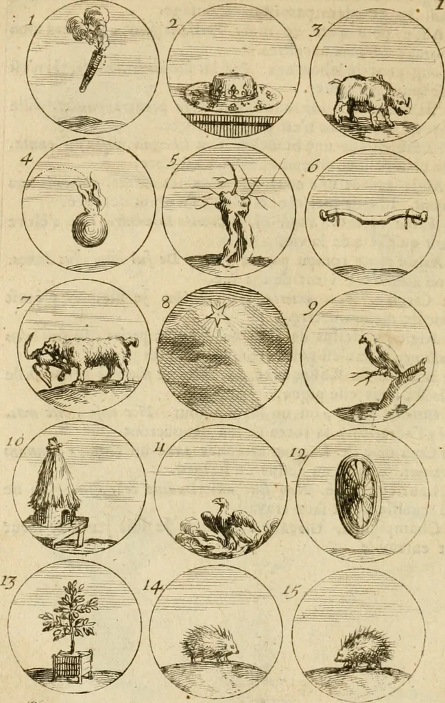 An illustration from Recueil d'emblêmes, devises, medailles, et figures hieroglyphiques : au nombre de plus de douze cent, avec leurs explications, accompagné de plus de deux mille chiffres fleuronnez simples, doubles & triples, d'une maniere nouvelle & fort curieuse pour tous les noms imaginable : avec les tenants, supports, & cimiers servans aux ornemens des armes ..., 1696, leaf 47