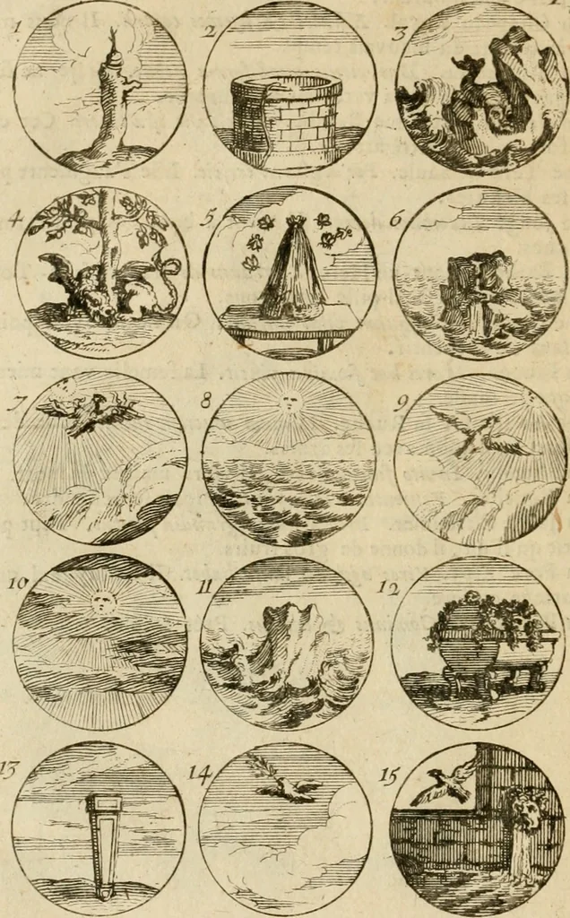 An illustration from Recueil d'emblêmes, devises, medailles, et figures hieroglyphiques : au nombre de plus de douze cent, avec leurs explications, accompagné de plus de deux mille chiffres fleuronnez simples, doubles & triples, d'une maniere nouvelle & fort curieuse pour tous les noms imaginable : avec les tenants, supports, & cimiers servans aux ornemens des armes ..., 1696, leaf 49