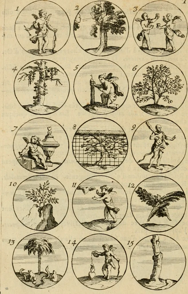 An illustration from Recueil d'emblêmes, devises, medailles, et figures hieroglyphiques : au nombre de plus de douze cent, avec leurs explications, accompagné de plus de deux mille chiffres fleuronnez simples, doubles & triples, d'une maniere nouvelle & fort curieuse pour tous les noms imaginable : avec les tenants, supports, & cimiers servans aux ornemens des armes ..., 1696, leaf 51