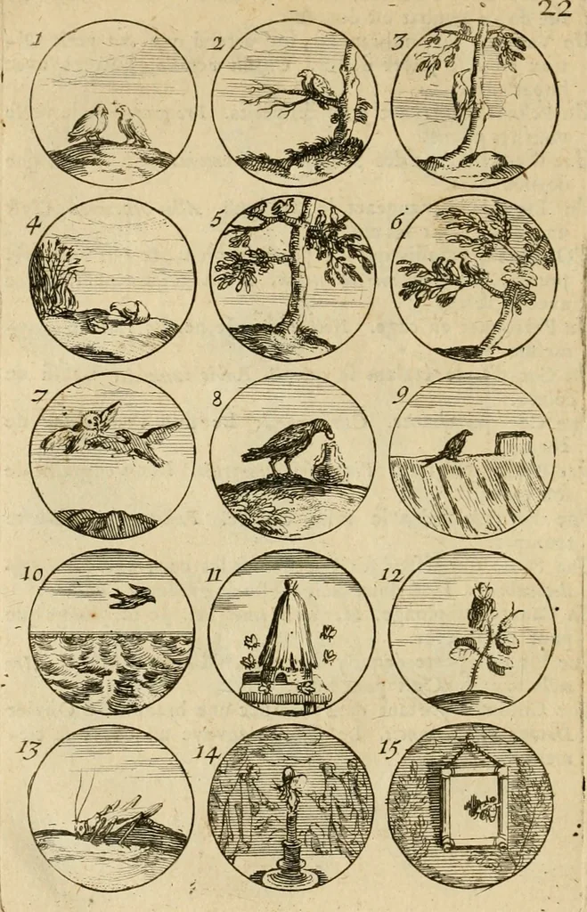 An illustration from Recueil d'emblêmes, devises, medailles, et figures hieroglyphiques : au nombre de plus de douze cent, avec leurs explications, accompagné de plus de deux mille chiffres fleuronnez simples, doubles & triples, d'une maniere nouvelle & fort curieuse pour tous les noms imaginable : avec les tenants, supports, & cimiers servans aux ornemens des armes ..., 1696, leaf 59