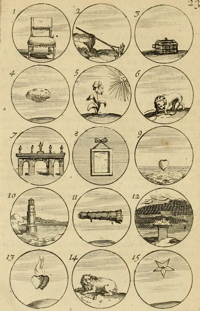 An illustration from Recueil d'emblêmes, devises, medailles, et figures hieroglyphiques : au nombre de plus de douze cent, avec leurs explications, accompagné de plus de deux mille chiffres fleuronnez simples, doubles & triples, d'une maniere nouvelle & fort curieuse pour tous les noms imaginable : avec les tenants, supports, & cimiers servans aux ornemens des armes ..., 1696, leaf 61