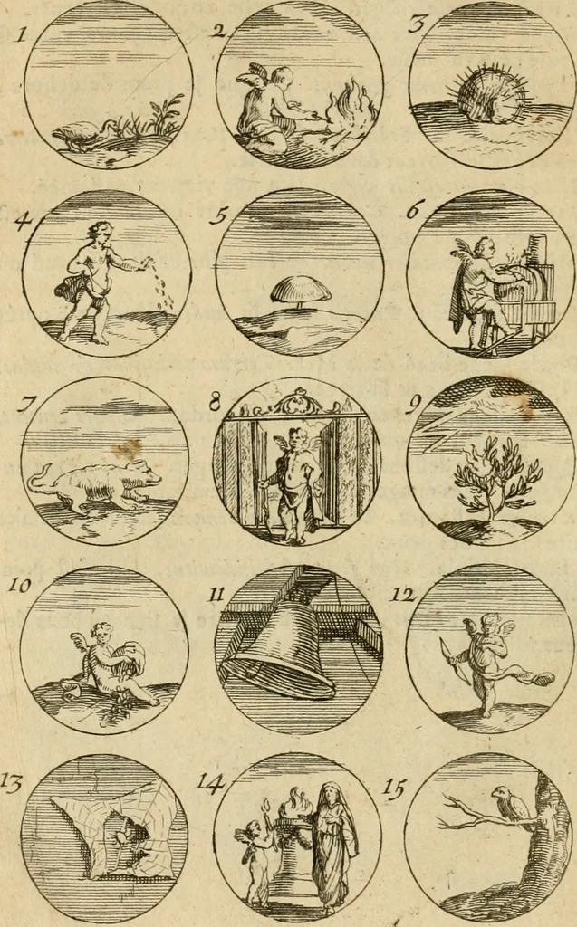 An illustration from Recueil d'emblêmes, devises, medailles, et figures hieroglyphiques : au nombre de plus de douze cent, avec leurs explications, accompagné de plus de deux mille chiffres fleuronnez simples, doubles & triples, d'une maniere nouvelle & fort curieuse pour tous les noms imaginable : avec les tenants, supports, & cimiers servans aux ornemens des armes ..., 1696, leaf 63