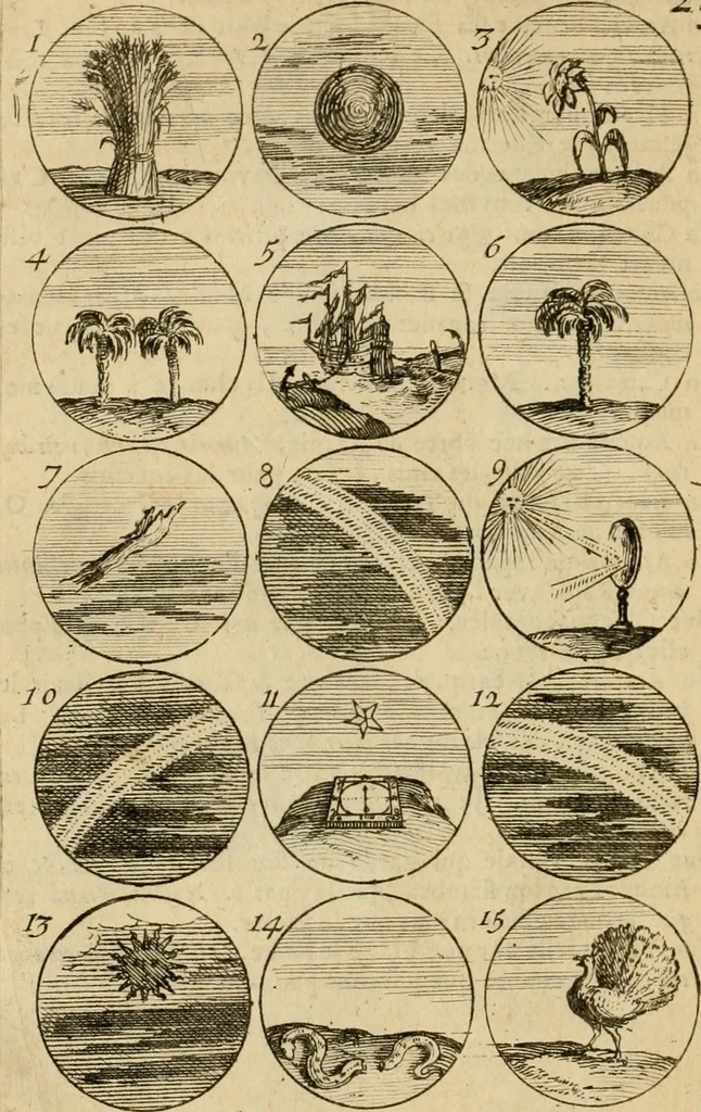 An illustration from Recueil d'emblêmes, devises, medailles, et figures hieroglyphiques : au nombre de plus de douze cent, avec leurs explications, accompagné de plus de deux mille chiffres fleuronnez simples, doubles & triples, d'une maniere nouvelle & fort curieuse pour tous les noms imaginable : avec les tenants, supports, & cimiers servans aux ornemens des armes ..., 1696, leaf 65