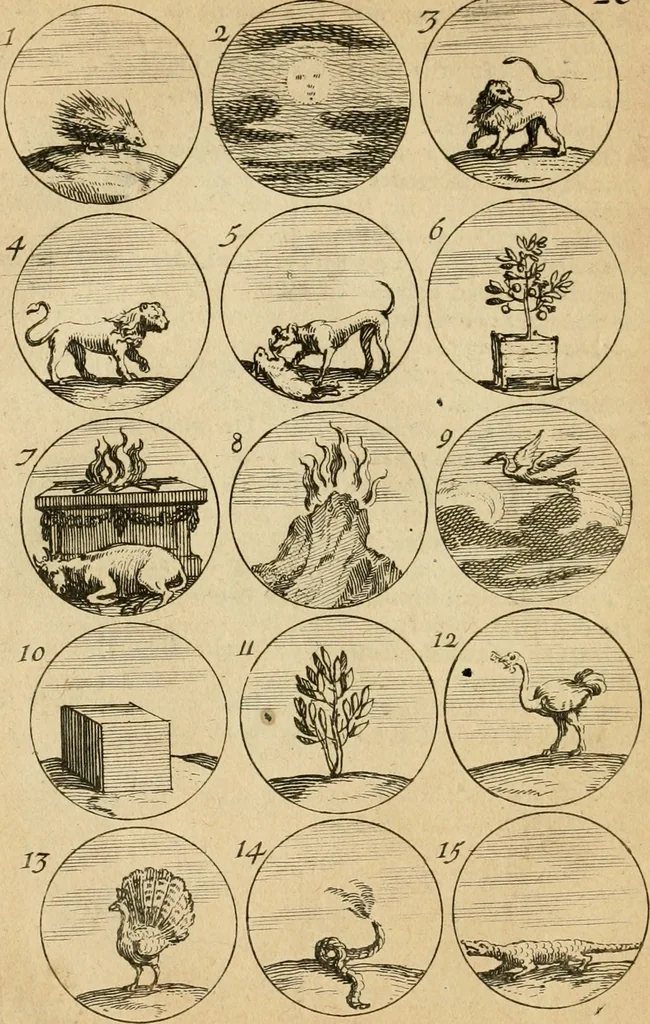 An illustration from Recueil d'emblêmes, devises, medailles, et figures hieroglyphiques : au nombre de plus de douze cent, avec leurs explications, accompagné de plus de deux mille chiffres fleuronnez simples, doubles & triples, d'une maniere nouvelle & fort curieuse pour tous les noms imaginable : avec les tenants, supports, & cimiers servans aux ornemens des armes ..., 1696, leaf 69