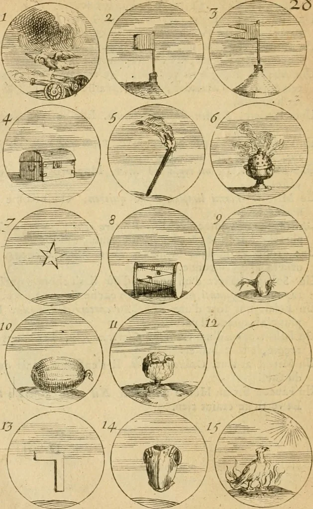 An illustration from Recueil d'emblêmes, devises, medailles, et figures hieroglyphiques : au nombre de plus de douze cent, avec leurs explications, accompagné de plus de deux mille chiffres fleuronnez simples, doubles & triples, d'une maniere nouvelle & fort curieuse pour tous les noms imaginable : avec les tenants, supports, & cimiers servans aux ornemens des armes ..., 1696, leaf 71