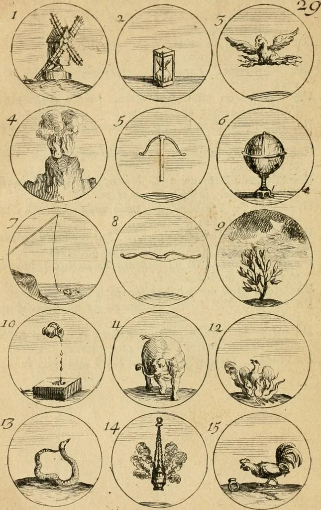 An illustration from Recueil d'emblêmes, devises, medailles, et figures hieroglyphiques : au nombre de plus de douze cent, avec leurs explications, accompagné de plus de deux mille chiffres fleuronnez simples, doubles & triples, d'une maniere nouvelle & fort curieuse pour tous les noms imaginable : avec les tenants, supports, & cimiers servans aux ornemens des armes ..., 1696, leaf 73