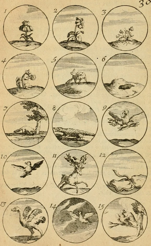An illustration from Recueil d'emblêmes, devises, medailles, et figures hieroglyphiques : au nombre de plus de douze cent, avec leurs explications, accompagné de plus de deux mille chiffres fleuronnez simples, doubles & triples, d'une maniere nouvelle & fort curieuse pour tous les noms imaginable : avec les tenants, supports, & cimiers servans aux ornemens des armes ..., 1696, leaf 77