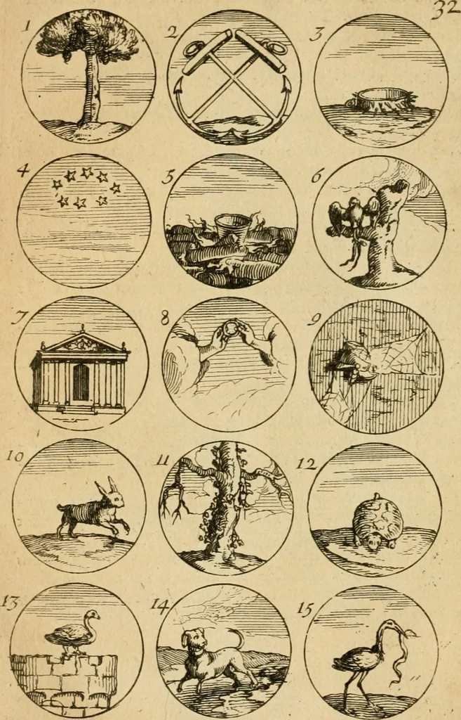 An illustration from Recueil d'emblêmes, devises, medailles, et figures hieroglyphiques : au nombre de plus de douze cent, avec leurs explications, accompagné de plus de deux mille chiffres fleuronnez simples, doubles & triples, d'une maniere nouvelle & fort curieuse pour tous les noms imaginable : avec les tenants, supports, & cimiers servans aux ornemens des armes ..., 1696, leaf 79
