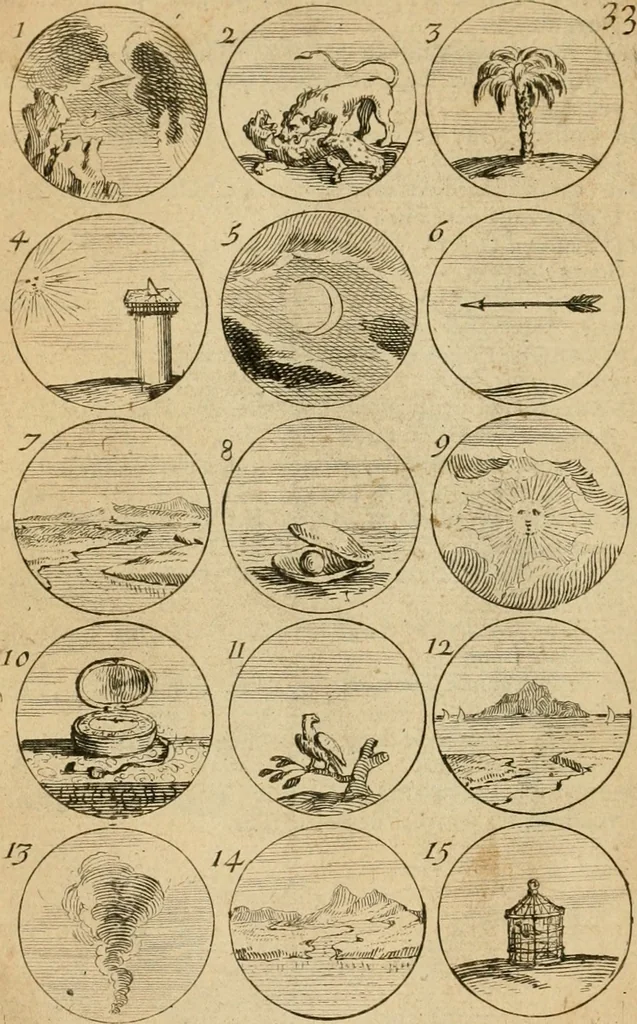 An illustration from Recueil d'emblêmes, devises, medailles, et figures hieroglyphiques : au nombre de plus de douze cent, avec leurs explications, accompagné de plus de deux mille chiffres fleuronnez simples, doubles & triples, d'une maniere nouvelle & fort curieuse pour tous les noms imaginable : avec les tenants, supports, & cimiers servans aux ornemens des armes ..., 1696, leaf 81