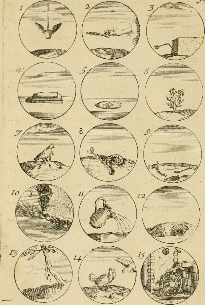 An illustration from Recueil d'emblêmes, devises, medailles, et figures hieroglyphiques : au nombre de plus de douze cent, avec leurs explications, accompagné de plus de deux mille chiffres fleuronnez simples, doubles & triples, d'une maniere nouvelle & fort curieuse pour tous les noms imaginable : avec les tenants, supports, & cimiers servans aux ornemens des armes ..., 1696, leaf 83