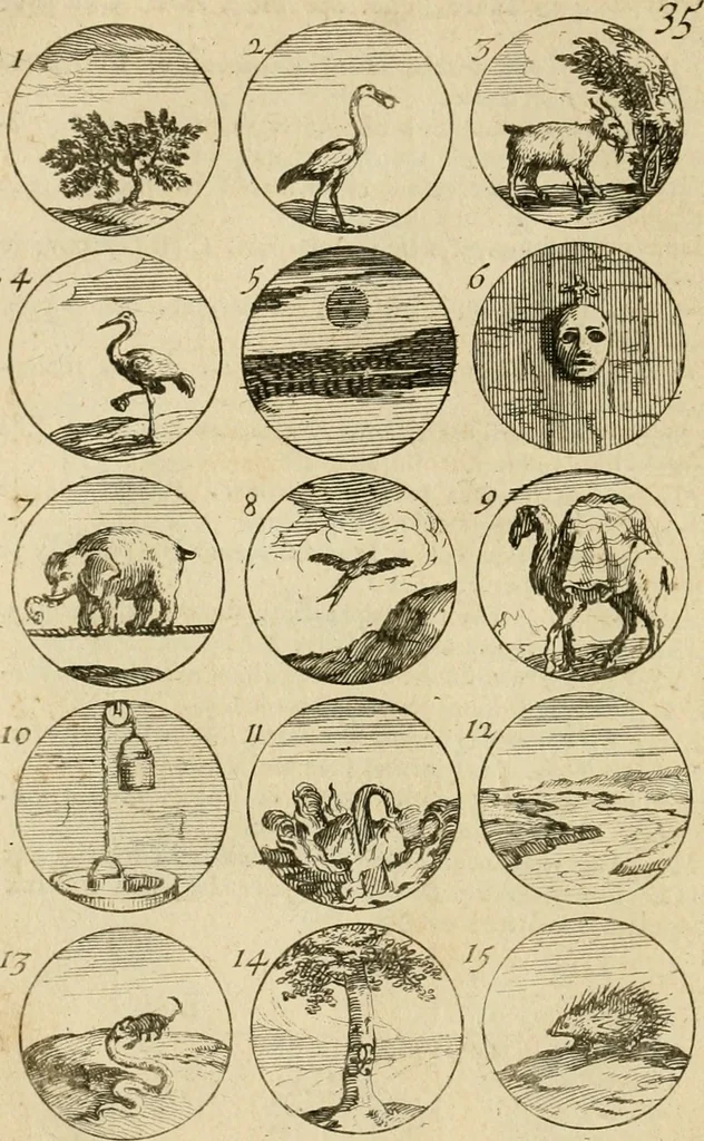 An illustration from Recueil d'emblêmes, devises, medailles, et figures hieroglyphiques : au nombre de plus de douze cent, avec leurs explications, accompagné de plus de deux mille chiffres fleuronnez simples, doubles & triples, d'une maniere nouvelle & fort curieuse pour tous les noms imaginable : avec les tenants, supports, & cimiers servans aux ornemens des armes ..., 1696, leaf 85