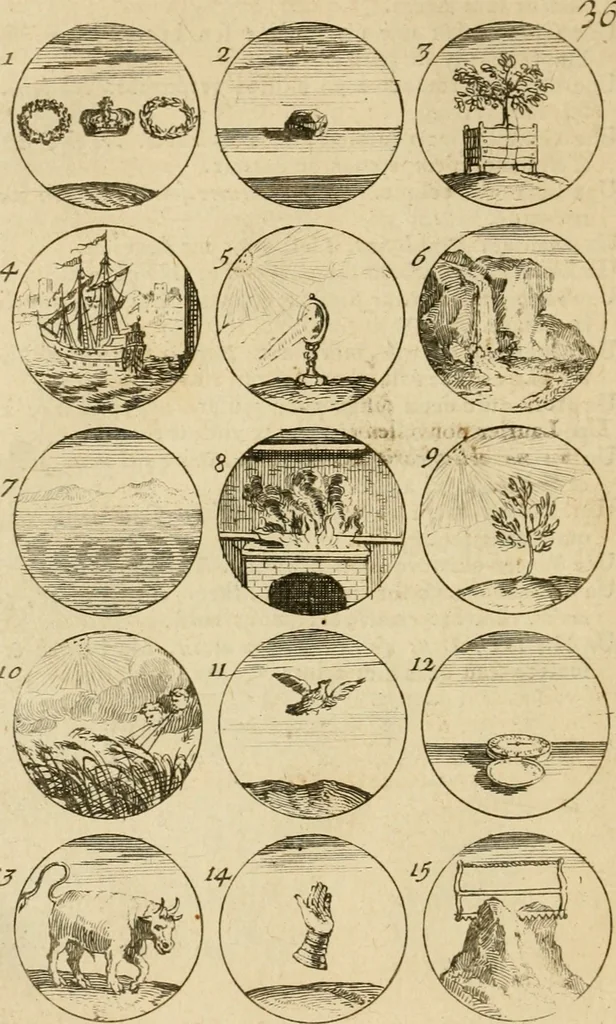 An illustration from Recueil d'emblêmes, devises, medailles, et figures hieroglyphiques : au nombre de plus de douze cent, avec leurs explications, accompagné de plus de deux mille chiffres fleuronnez simples, doubles & triples, d'une maniere nouvelle & fort curieuse pour tous les noms imaginable : avec les tenants, supports, & cimiers servans aux ornemens des armes ..., 1696, leaf 87