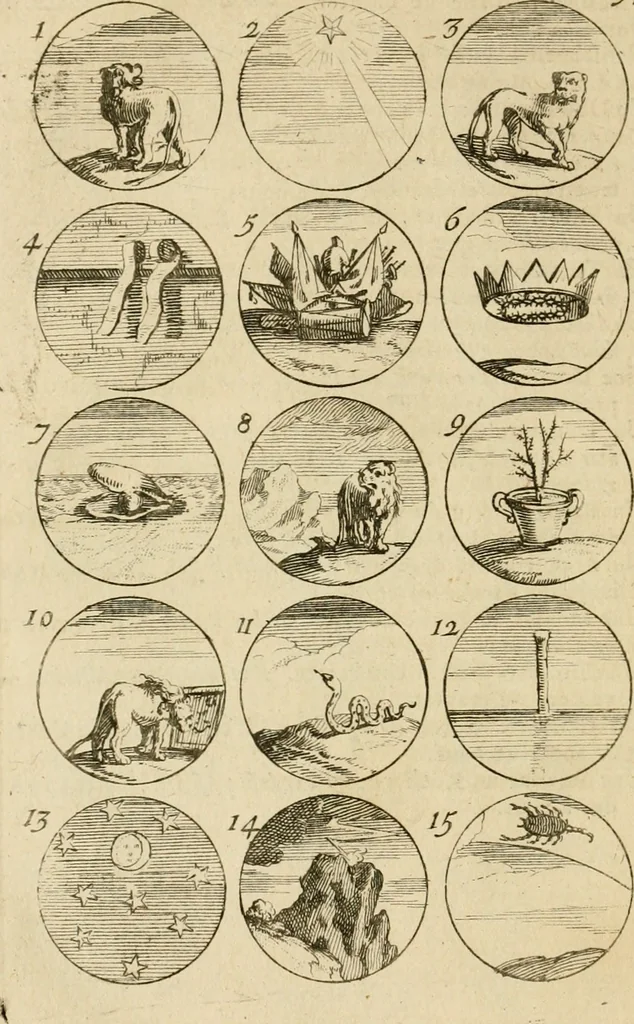 An illustration from Recueil d'emblêmes, devises, medailles, et figures hieroglyphiques : au nombre de plus de douze cent, avec leurs explications, accompagné de plus de deux mille chiffres fleuronnez simples, doubles & triples, d'une maniere nouvelle & fort curieuse pour tous les noms imaginable : avec les tenants, supports, & cimiers servans aux ornemens des armes ..., 1696, leaf 89