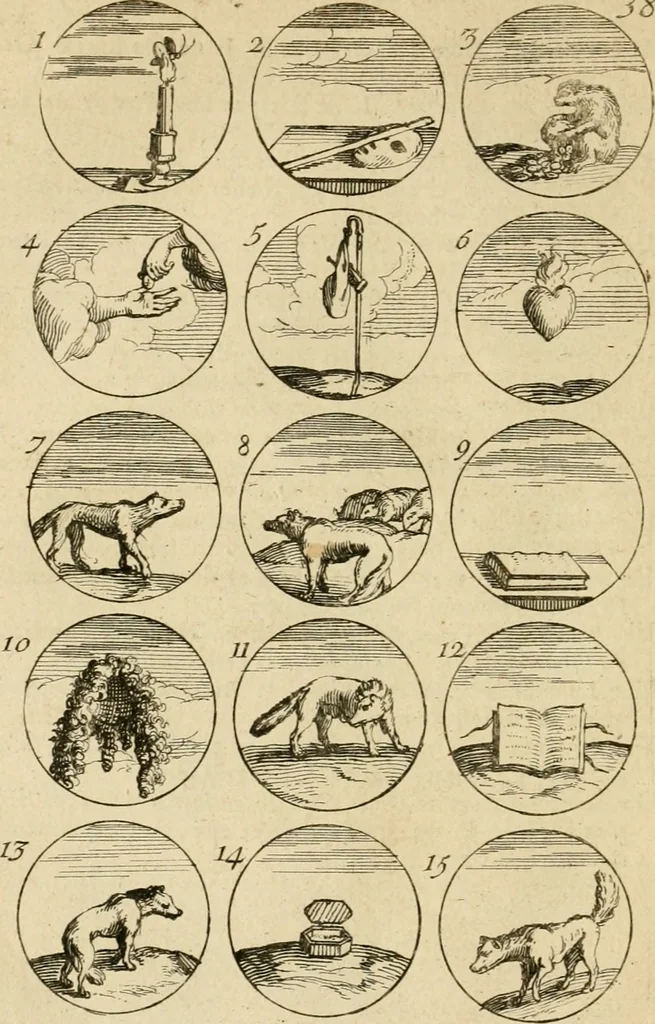An illustration from Recueil d'emblêmes, devises, medailles, et figures hieroglyphiques : au nombre de plus de douze cent, avec leurs explications, accompagné de plus de deux mille chiffres fleuronnez simples, doubles & triples, d'une maniere nouvelle & fort curieuse pour tous les noms imaginable : avec les tenants, supports, & cimiers servans aux ornemens des armes ..., 1696, leaf 91