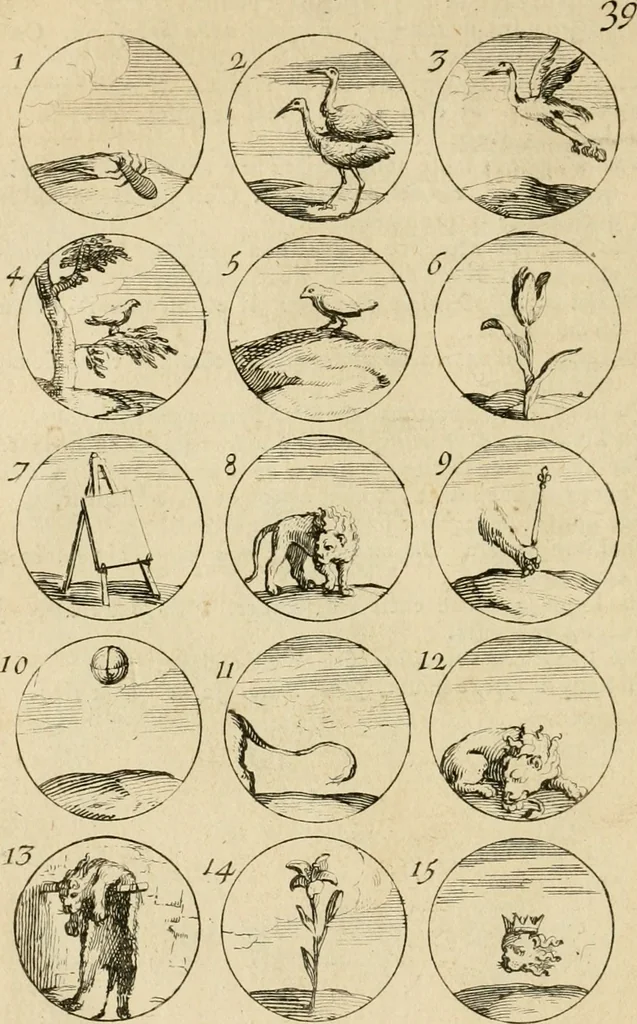 An illustration from Recueil d'emblêmes, devises, medailles, et figures hieroglyphiques : au nombre de plus de douze cent, avec leurs explications, accompagné de plus de deux mille chiffres fleuronnez simples, doubles & triples, d'une maniere nouvelle & fort curieuse pour tous les noms imaginable : avec les tenants, supports, & cimiers servans aux ornemens des armes ..., 1696, leaf 93