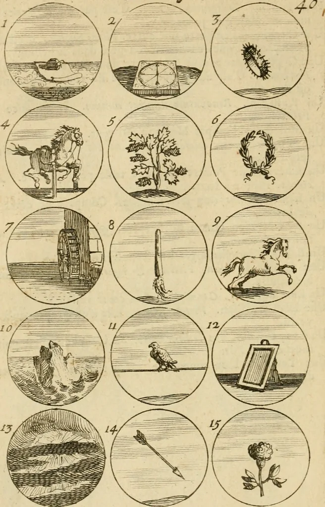 An illustration from Recueil d'emblêmes, devises, medailles, et figures hieroglyphiques : au nombre de plus de douze cent, avec leurs explications, accompagné de plus de deux mille chiffres fleuronnez simples, doubles & triples, d'une maniere nouvelle & fort curieuse pour tous les noms imaginable : avec les tenants, supports, & cimiers servans aux ornemens des armes ..., 1696, leaf 95
