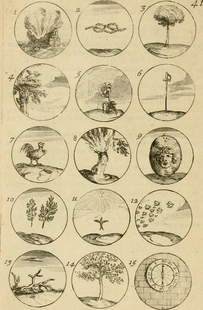 An illustration from Recueil d'emblêmes, devises, medailles, et figures hieroglyphiques : au nombre de plus de douze cent, avec leurs explications, accompagné de plus de deux mille chiffres fleuronnez simples, doubles & triples, d'une maniere nouvelle & fort curieuse pour tous les noms imaginable : avec les tenants, supports, & cimiers servans aux ornemens des armes ..., 1696, leaf 97