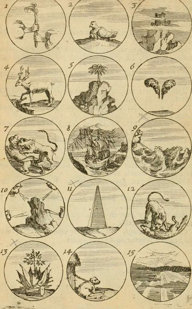 An illustration from Recueil d'emblêmes, devises, medailles, et figures hieroglyphiques : au nombre de plus de douze cent, avec leurs explications, accompagné de plus de deux mille chiffres fleuronnez simples, doubles & triples, d'une maniere nouvelle & fort curieuse pour tous les noms imaginable : avec les tenants, supports, & cimiers servans aux ornemens des armes ..., 1696, leaf 99