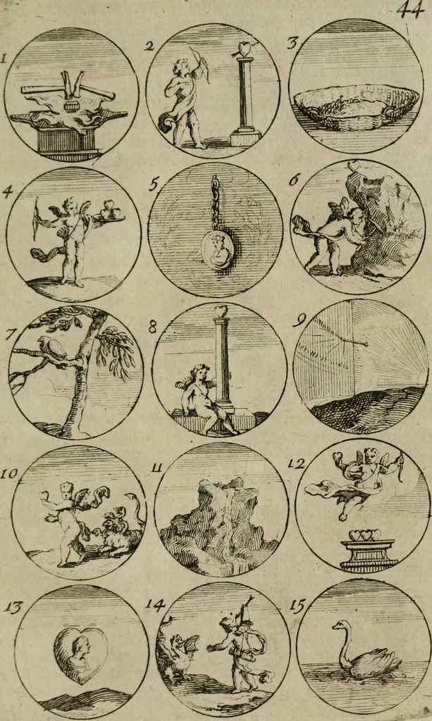 An illustration from Recueil d'emblêmes, devises, medailles, et figures hieroglyphiques, au nombre de plus de douze cent, avec leurs explications : accompagné de plus de deux mille chiffres fleuronnez simples, doubles & triples : d'une manière nouvelle & fort curieuse pour tous les noms imaginables : avec les tenants, supports, & cimiers servans aux ornemens des armes : cet ouvrage qui est enrichy de deux cens cinquante planches en taille-douce, est très-utile aux graveurs, peintres, sculpteurs, orfevres, brodeurs, serruriers, & à tous ceux qui travaillent au dessein, 1724, leaf 102