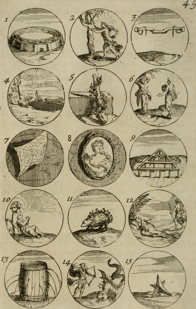 An illustration from Recueil d'emblêmes, devises, medailles, et figures hieroglyphiques, au nombre de plus de douze cent, avec leurs explications : accompagné de plus de deux mille chiffres fleuronnez simples, doubles & triples : d'une manière nouvelle & fort curieuse pour tous les noms imaginables : avec les tenants, supports, & cimiers servans aux ornemens des armes : cet ouvrage qui est enrichy de deux cens cinquante planches en taille-douce, est très-utile aux graveurs, peintres, sculpteurs, orfevres, brodeurs, serruriers, & à tous ceux qui travaillent au dessein, 1724, leaf 103