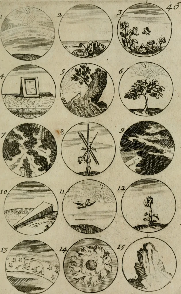 An illustration from Recueil d'emblêmes, devises, medailles, et figures hieroglyphiques, au nombre de plus de douze cent, avec leurs explications : accompagné de plus de deux mille chiffres fleuronnez simples, doubles & triples : d'une manière nouvelle & fort curieuse pour tous les noms imaginables : avec les tenants, supports, & cimiers servans aux ornemens des armes : cet ouvrage qui est enrichy de deux cens cinquante planches en taille-douce, est très-utile aux graveurs, peintres, sculpteurs, orfevres, brodeurs, serruriers, & à tous ceux qui travaillent au dessein, 1724, leaf 106