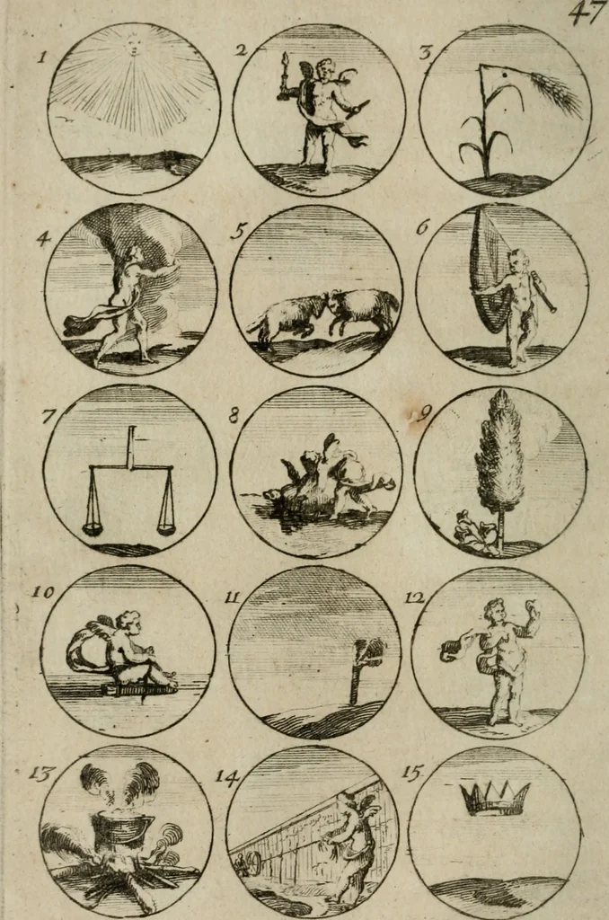 An illustration from Recueil d'emblêmes, devises, medailles, et figures hieroglyphiques, au nombre de plus de douze cent, avec leurs explications : accompagné de plus de deux mille chiffres fleuronnez simples, doubles & triples : d'une manière nouvelle & fort curieuse pour tous les noms imaginables : avec les tenants, supports, & cimiers servans aux ornemens des armes : cet ouvrage qui est enrichy de deux cens cinquante planches en taille-douce, est très-utile aux graveurs, peintres, sculpteurs, orfevres, brodeurs, serruriers, & à tous ceux qui travaillent au dessein, 1724, leaf 107