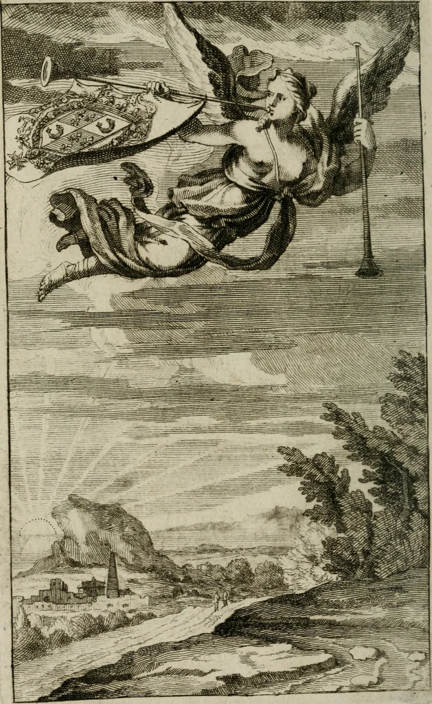 An illustration from Recueil d'emblêmes, devises, medailles, et figures hieroglyphiques, au nombre de plus de douze cent, avec leurs explications : accompagné de plus de deux mille chiffres fleuronnez simples, doubles & triples : d'une manière nouvelle & fort curieuse pour tous les noms imaginables : avec les tenants, supports, & cimiers servans aux ornemens des armes : cet ouvrage qui est enrichy de deux cens cinquante planches en taille-douce, est très-utile aux graveurs, peintres, sculpteurs, orfevres, brodeurs, serruriers, & à tous ceux qui travaillent au dessein, 1724, leaf 11