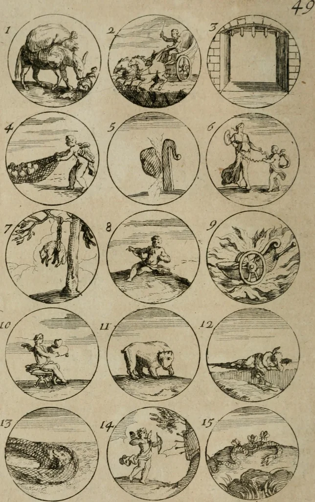 An illustration from Recueil d'emblêmes, devises, medailles, et figures hieroglyphiques, au nombre de plus de douze cent, avec leurs explications : accompagné de plus de deux mille chiffres fleuronnez simples, doubles & triples : d'une manière nouvelle & fort curieuse pour tous les noms imaginables : avec les tenants, supports, & cimiers servans aux ornemens des armes : cet ouvrage qui est enrichy de deux cens cinquante planches en taille-douce, est très-utile aux graveurs, peintres, sculpteurs, orfevres, brodeurs, serruriers, & à tous ceux qui travaillent au dessein, 1724, leaf 111