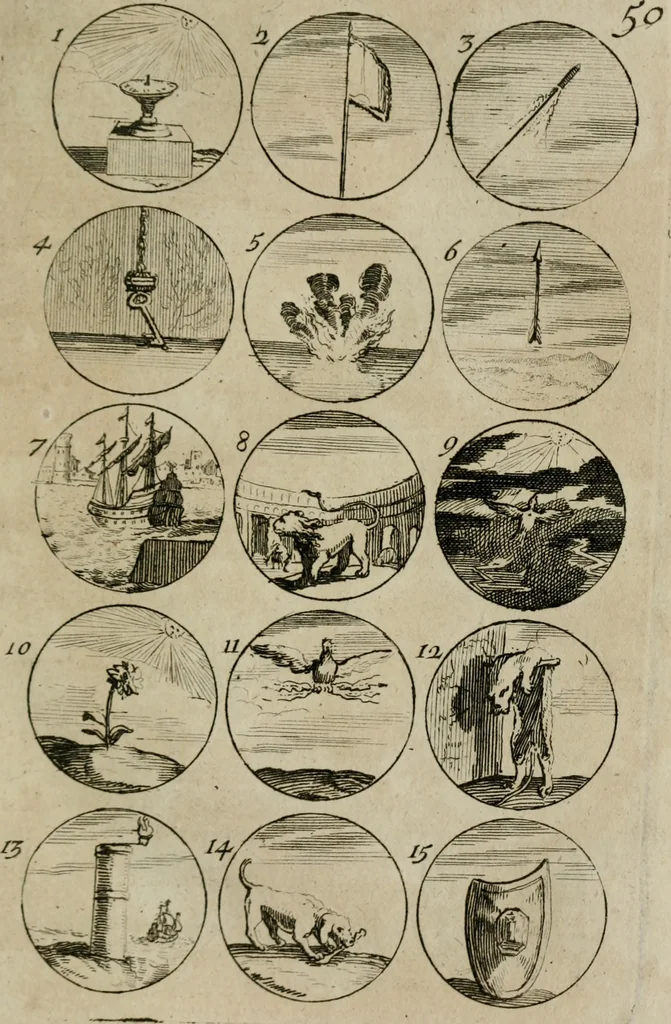 An illustration from Recueil d'emblêmes, devises, medailles, et figures hieroglyphiques, au nombre de plus de douze cent, avec leurs explications : accompagné de plus de deux mille chiffres fleuronnez simples, doubles & triples : d'une manière nouvelle & fort curieuse pour tous les noms imaginables : avec les tenants, supports, & cimiers servans aux ornemens des armes : cet ouvrage qui est enrichy de deux cens cinquante planches en taille-douce, est très-utile aux graveurs, peintres, sculpteurs, orfevres, brodeurs, serruriers, & à tous ceux qui travaillent au dessein, 1724, leaf 114