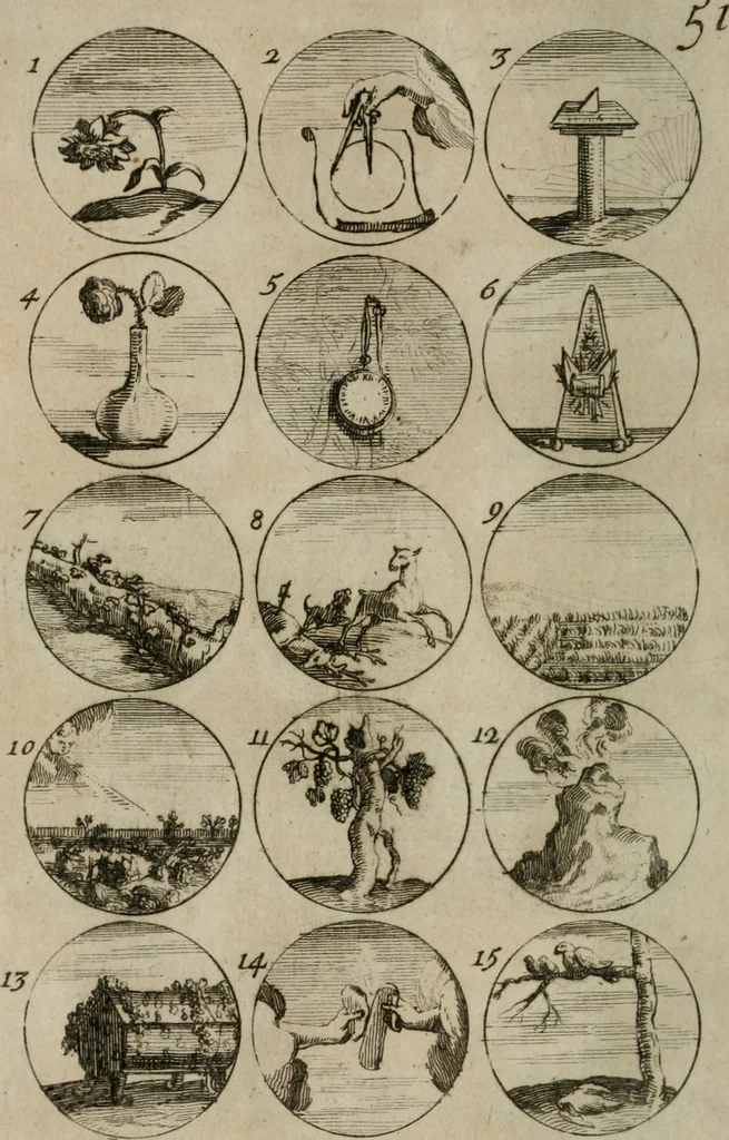 An illustration from Recueil d'emblêmes, devises, medailles, et figures hieroglyphiques, au nombre de plus de douze cent, avec leurs explications : accompagné de plus de deux mille chiffres fleuronnez simples, doubles & triples : d'une manière nouvelle & fort curieuse pour tous les noms imaginables : avec les tenants, supports, & cimiers servans aux ornemens des armes : cet ouvrage qui est enrichy de deux cens cinquante planches en taille-douce, est très-utile aux graveurs, peintres, sculpteurs, orfevres, brodeurs, serruriers, & à tous ceux qui travaillent au dessein, 1724, leaf 115
