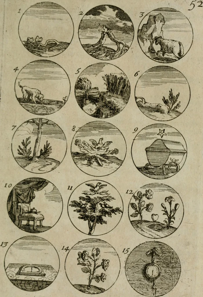 An illustration from Recueil d'emblêmes, devises, medailles, et figures hieroglyphiques, au nombre de plus de douze cent, avec leurs explications : accompagné de plus de deux mille chiffres fleuronnez simples, doubles & triples : d'une manière nouvelle & fort curieuse pour tous les noms imaginables : avec les tenants, supports, & cimiers servans aux ornemens des armes : cet ouvrage qui est enrichy de deux cens cinquante planches en taille-douce, est très-utile aux graveurs, peintres, sculpteurs, orfevres, brodeurs, serruriers, & à tous ceux qui travaillent au dessein, 1724, leaf 118