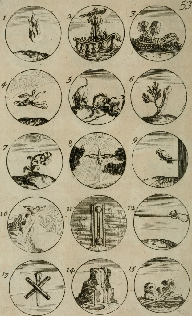 An illustration from Recueil d'emblêmes, devises, medailles, et figures hieroglyphiques, au nombre de plus de douze cent, avec leurs explications : accompagné de plus de deux mille chiffres fleuronnez simples, doubles & triples : d'une manière nouvelle & fort curieuse pour tous les noms imaginables : avec les tenants, supports, & cimiers servans aux ornemens des armes : cet ouvrage qui est enrichy de deux cens cinquante planches en taille-douce, est très-utile aux graveurs, peintres, sculpteurs, orfevres, brodeurs, serruriers, & à tous ceux qui travaillent au dessein, 1724, leaf 119
