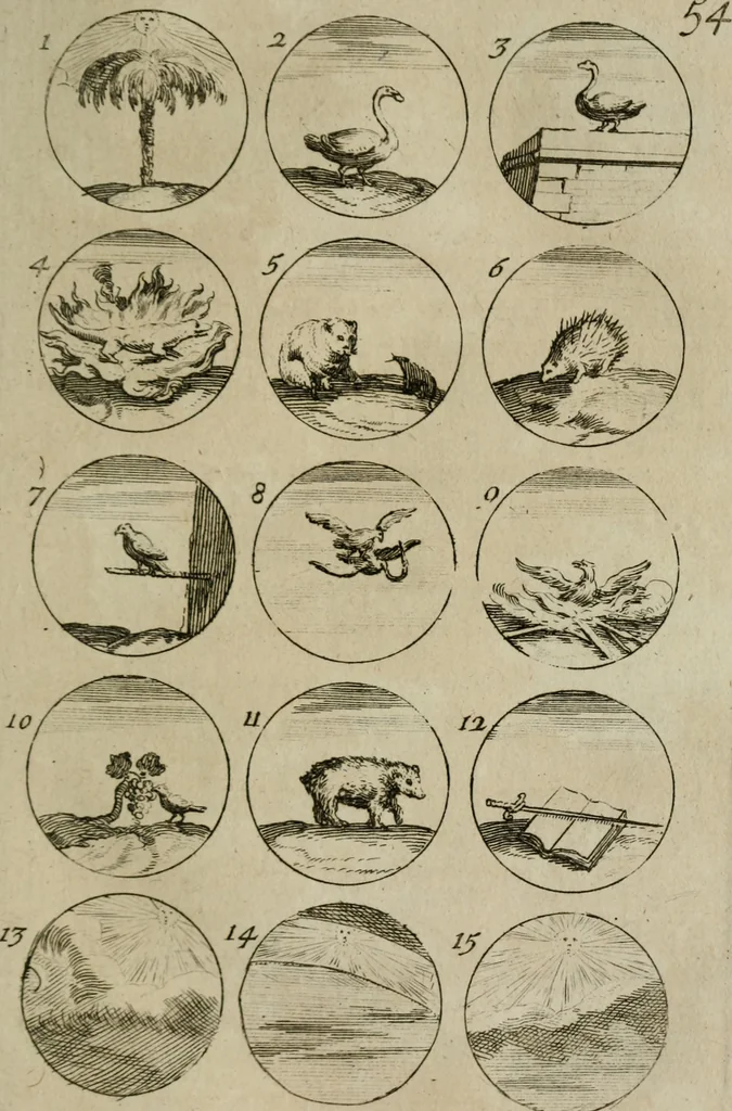 An illustration from Recueil d'emblêmes, devises, medailles, et figures hieroglyphiques, au nombre de plus de douze cent, avec leurs explications : accompagné de plus de deux mille chiffres fleuronnez simples, doubles & triples : d'une manière nouvelle & fort curieuse pour tous les noms imaginables : avec les tenants, supports, & cimiers servans aux ornemens des armes : cet ouvrage qui est enrichy de deux cens cinquante planches en taille-douce, est très-utile aux graveurs, peintres, sculpteurs, orfevres, brodeurs, serruriers, & à tous ceux qui travaillent au dessein, 1724, leaf 122