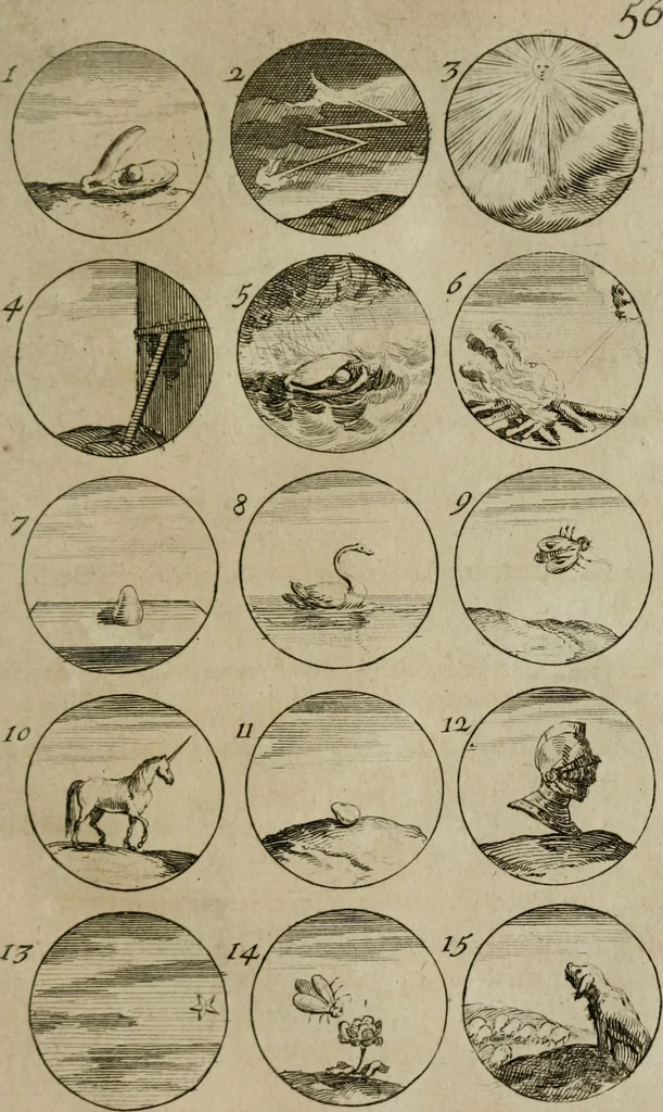 An illustration from Recueil d'emblêmes, devises, medailles, et figures hieroglyphiques, au nombre de plus de douze cent, avec leurs explications : accompagné de plus de deux mille chiffres fleuronnez simples, doubles & triples : d'une manière nouvelle & fort curieuse pour tous les noms imaginables : avec les tenants, supports, & cimiers servans aux ornemens des armes : cet ouvrage qui est enrichy de deux cens cinquante planches en taille-douce, est très-utile aux graveurs, peintres, sculpteurs, orfevres, brodeurs, serruriers, & à tous ceux qui travaillent au dessein, 1724, leaf 126